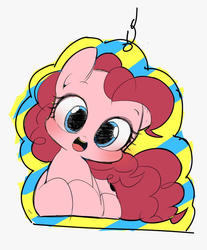 Size: 849x1024 | Tagged: safe, artist:manachaaaaaaaa, pinkie pie, earth pony, pony, g4, cute, diapinkes, female, keychain, looking at you, mare, open mouth, pixiv, prone, solo