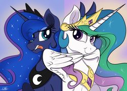 Size: 1920x1383 | Tagged: safe, artist:sadtrooper, princess celestia, princess luna, alicorn, pony, g4, cute, duo, female, looking at you, mare, royal sisters, sillestia, silluna, silly, silly celestia, silly luna, tongue out, wing hands, wings