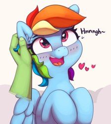 Size: 2432x2711 | Tagged: safe, artist:pabbley, rainbow dash, oc, oc:anon, human, pegasus, pony, blushing, cute, dashabetes, disembodied hand, ear scratch, event horizon of cuteness, female, floating heart, hand, happy, heart, heart eyes, high res, human on pony petting, moaning, moaning in pleasure, offscreen character, offscreen human, open mouth, petting, wingding eyes