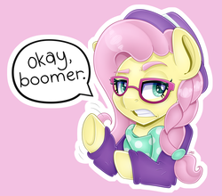 Size: 5000x4398 | Tagged: safe, artist:partypievt, fluttershy, pegasus, pony, g4, absurd resolution, alternate hairstyle, bandana, boomer, bust, clothes, eyebrows, female, glasses, hat, hipster, hipster glasses, hipstershy, jumper, ok boomer, portrait, scarf, simple background, solo, speech bubble, sweater, wingding eyes