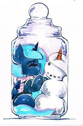 Size: 724x1103 | Tagged: safe, artist:mashiromiku, princess luna, alicorn, pony, g4, clothes, female, hearth's warming, mare, merry christmas, pony in a bottle, scarf, snowman, traditional art, watercolor painting