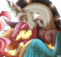 Size: 1024x968 | Tagged: safe, artist:leahfoxden, discord, fluttershy, draconequus, pegasus, pony, g4, blushing, boop, cheek fluff, chest fluff, cute, discute, ear fluff, eyes closed, female, happy, male, mare, noseboop, profile, ship:discoshy, shipping, shyabetes, simple background, smiling, straight, white background