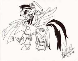 Size: 2175x1700 | Tagged: safe, artist:fizzyrox, oc, oc only, pegasus, pony, clothes, goggles, hat, lineart, monocle, pegasus oc, raised hoof, scarf, signature, solo, steampunk, top hat, traditional art, wings