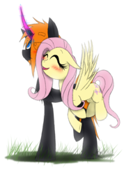 Size: 1200x1600 | Tagged: safe, artist:didun850, fluttershy, oc, oc:le quill de von, pegasus, pony, unicorn, g4, blushing, canon x oc, curved horn, eye clipping through hair, eyes closed, female, flying, horn, male, mare, smiling, stallion