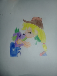 Size: 2448x3264 | Tagged: safe, applejack, spike, dog, human, equestria girls, g4, female, high res, kissing, male, ship:applespike, shipping, spike the dog, straight, traditional art