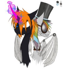 Size: 1200x1400 | Tagged: safe, artist:didun850, oc, oc only, oc:clockwork crow, oc:le quill de von, pegasus, pony, unicorn, amputee, artificial wings, augmented, bust, curved horn, glowing horn, grin, hat, heterochromia, horn, male, pegasus oc, prosthetic limb, prosthetic wing, prosthetics, sharp teeth, simple background, smiling, stallion, teeth, top hat, transparent background, unicorn oc, wings