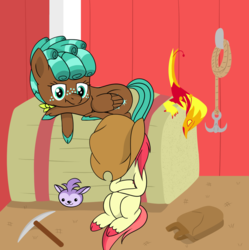Size: 1280x1284 | Tagged: safe, artist:dinkyuniverse, bloofy, liberty belle, spur, earth pony, pegasus, phoenix, pony, whirling mungtooth, g4, backpack, barn, cowboy hat, female, filly, foal, grappling hook, hat, hay bale, pickaxe, relaxed, relaxing, resting, unshorn fetlocks