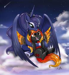 Size: 861x928 | Tagged: safe, artist:joselyn565, princess luna, oc, oc:fire drift, pegasus, pony, g4, colored hooves, ethereal mane, female, hoof shoes, hug, mare, night, shooting star, sitting, sitting on a cloud, spread wings, starry mane, stars, underhoof, wings