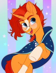 Size: 2000x2594 | Tagged: safe, artist:vensual99, sunburst, pony, unicorn, g4, abstract background, clothes, coat markings, glasses, high res, male, open mouth, raised hoof, robe, smiling, socks (coat markings), solo, stallion, underhoof