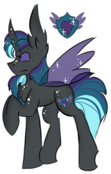 Size: 490x766 | Tagged: safe, artist:hunterthewastelander, oc, oc only, oc:starry knight, changeling, changeling queen, changepony, hybrid, changeling queen oc, double colored changeling, interspecies offspring, offspring, parent:queen chrysalis, parent:shining armor, parents:shining chrysalis, raised hoof, reference sheet, simple background, solo, white background