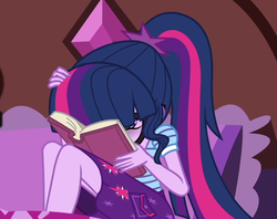 Size: 1305x1036 | Tagged: safe, screencap, sci-twi, twilight sparkle, blizzard or bust, equestria girls, equestria girls specials, g4, my little pony equestria girls: better together, my little pony equestria girls: holidays unwrapped, bed, book, clothes, cropped, exhausted, female, frustrated, legs, pillow, ponytail, sci-twi's room, skirt, solo, studying