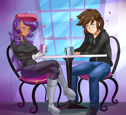 Size: 2239x2048 | Tagged: safe, artist:thebrokencog, rarity, oc, oc:arrow swift, human, g4, canon x oc, canterlot, chair, clothes, commission, crossed legs, cup, dark skin, drink, eyes closed, female, gloves, heart, high res, humanized, male, pants, rariswift, shoes, sitting, smiling, table