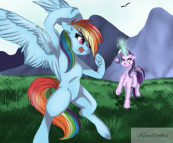 Size: 1206x1000 | Tagged: safe, artist:kittywoofers, rainbow dash, starlight glimmer, pegasus, pony, unicorn, fanfic:crossing the trixie bridge, g4, armpits, fanfic art, fight, outdoors, vs