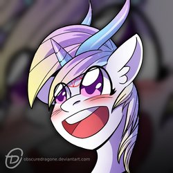 Size: 1024x1024 | Tagged: safe, artist:obscuredragone, oc, oc only, pony, unicorn, big eyes, blushing, commission, ear fluff, female, happy, horn, horns, mare, open mouth, pentagram, smiling, solo, ych result