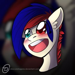 Size: 1024x1024 | Tagged: safe, artist:obscuredragone, oc, oc only, oc:beatbreaker, pony, big eyes, blue and red, blue mane, blushing, commission, ear fluff, happy, heterochromia, open mouth, red and blue, red mane, smiling, solo, two toned hair, ych result