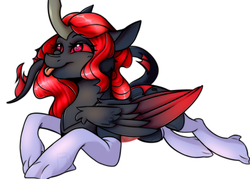 Size: 800x573 | Tagged: safe, artist:jaywaan, oc, oc only, oc:king phoenix embers, changeling, dracony, dragon, hybrid, pony, clothes, male, red changeling, simple background, stockings, thigh highs, tongue out, transparent background, ych result