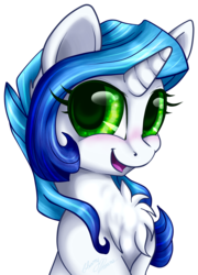 Size: 1751x2434 | Tagged: safe, artist:gleamydreams, oc, oc only, oc:gleamy, pony, unicorn, blue hair, chest fluff, digital art, female, green eyes, looking at you, mare, no clothes, signature, smiling, solo