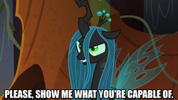 Size: 1280x720 | Tagged: safe, edit, edited screencap, screencap, queen chrysalis, changeling, g4, the beginning of the end, caption, female, image macro, meme, solo, text