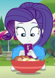 Size: 764x1080 | Tagged: safe, screencap, rarity, equestria girls, equestria girls series, g4, lost and pound, spoiler:choose your own ending (season 2), spoiler:eqg series (season 2), beautiful, cellphone, chopsticks, cropped, cute, female, food, geode of shielding, lost and pound: spike, magical geodes, music festival outfit, noodle bowl, noodles, outdoors, phone, pretty, raribetes, rarity looking at food, smartphone, solo, table, taking a photo, umbrella