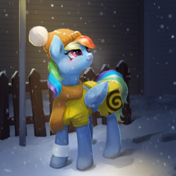 Size: 3000x3000 | Tagged: safe, artist:hardbrony, rainbow dash, pegasus, pony, g4, clothes, cute, dashabetes, delivery pony, digital art, female, high res, mare, smiling, snow, snowfall, solo, tongue out, winter outfit, yandex