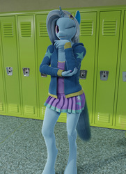 Size: 2080x2880 | Tagged: safe, artist:stellarator, trixie, unicorn, anthro, unguligrade anthro, g4, 3d, blender, blender cycles, camisole, clothes, equestria girls outfit, female, hair ornament, high res, hoodie, lockers, looking at you, mare, miniskirt, not sfm, one eye closed, pleated skirt, skirt, solo, tank top, wink