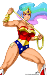 Size: 1100x1726 | Tagged: safe, artist:johnjoseco, color edit, colorist:lanceomikron, edit, princess celestia, human, g4, armpits, breasts, clothes, colored, cosplay, costume, crossover, cutie mark on human, female, humanized, lasso, lasso of truth, muscles, muscular female, princess musclestia, rope, solo, superhero celestia, wonder woman