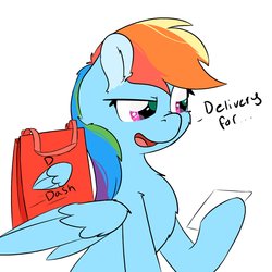 Size: 1889x1889 | Tagged: safe, artist:jubyskylines, rainbow dash, pegasus, pony, g4, bag, delivery, delivery pony, dialogue, doordash, female, mare, note, reading, simple background, solo, text, white background