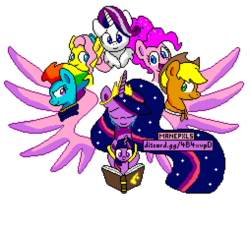 Size: 1016x936 | Tagged: safe, alternate version, artist:sugar morning, editor:cocoa bittersweet, applejack, fluttershy, pinkie pie, rainbow dash, rarity, twilight sparkle, alicorn, earth pony, pegasus, pony, unicorn, g4, the last problem, big crown thingy 2.0, bonnet, book, bust, crying, cute, end of ponies, ethereal mane, female, glare, lidded eyes, mane six, manepxls, mare, mlp fim's ninth anniversary, older, older applejack, older fluttershy, older mane six, older pinkie pie, older rainbow dash, older rarity, older twilight, older twilight sparkle (alicorn), pixel art, portrait, princess twilight 2.0, pxls.space, simple background, smiling, smirk, spread wings, starry mane, stars, transparent background, twilight sparkle (alicorn), unicorn twilight, wings, younger
