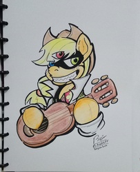 Size: 2363x2903 | Tagged: safe, artist:boyoxhot, applejack, earth pony, pony, g4, crossover, dr. alto clef, dr. clef, female, grin, guitar, heterochromia, high res, mare, musical instrument, scp, scp foundation, smiling, solo, third eye, three eyes, traditional art, ukulele