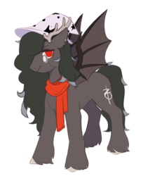 Size: 1014x1200 | Tagged: safe, artist:十八, oc, oc only, bat pony, pony, 2020 community collab, derpibooru community collaboration, clothes, fangs, female, hat, horns, mare, monocle, piercing, scarf, simple background, solo, transparent background, unshorn fetlocks