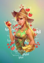 Size: 1409x1993 | Tagged: safe, artist:animesoul, applejack, equestria girls, g4, apple, female, food, looking at you, solo