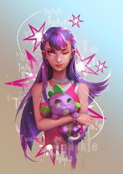 Size: 1409x1993 | Tagged: safe, artist:animesoul, spike, twilight sparkle, dragon, equestria girls, g4, cutie mark, female, male, one eye closed, wink