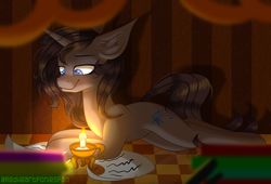 Size: 2000x1356 | Tagged: safe, artist:redheartponiesfan, oc, oc only, oc:midnight shadow, pony, unicorn, candle, female, mare, prone, solo