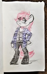 Size: 1253x1983 | Tagged: safe, artist:shoeunit, roseluck, earth pony, pony, semi-anthro, g4, arm hooves, boots, clothes, female, mare, shoes, solo, traditional art