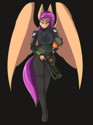 Size: 2600x3500 | Tagged: safe, artist:chapaevv, oc, oc only, oc:fleeting dawn, anthro, fallout equestria, armor, commission, enclave, enclave armor, fallout, female, laser rifle, looking at you, not scootaloo, pegasus oc, solo, trigger discipline, weapon