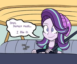 Size: 1210x1000 | Tagged: safe, artist:heir-of-rick, starlight glimmer, human, equestria girls, equestria girls specials, g4, my little pony equestria girls: mirror magic, beanie, car, clothes, driving, female, hat, jerry smith, music, parody, rick and morty, shirt, simulation, smiling, solo, speech bubble