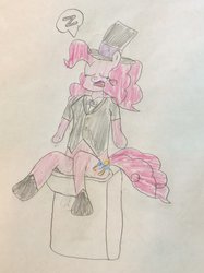 Size: 772x1034 | Tagged: safe, artist:snipiper, pinkie pie, earth pony, pony, g4, but why, clothes, female, hat, sitting on toilet, sleeping, solo, suit, toilet, traditional art