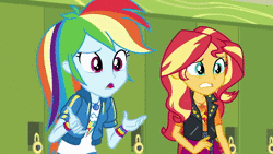 Size: 1920x1080 | Tagged: safe, screencap, fluttershy, rainbow dash, sci-twi, sunset shimmer, twilight sparkle, equestria girls, equestria girls series, g4, holidays unwrapped, o come all ye squashful, spoiler:eqg series (season 2), animated, canterlot high, crossed arms, female, flinch, frown, geode of empathy, geode of fauna, geode of super speed, geode of telekinesis, glasses, hairpin, hallway, lockers, looking at someone, magical geodes, ponytail, pun, raised eyebrow, smiling, sound, talking, unhappy, upset, webm