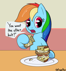 Size: 1200x1289 | Tagged: safe, artist:infrayellow, rainbow dash, pegasus, pony, g4, cute, dashabetes, dialogue, female, food, hoof hold, mare, open mouth, pasta and potato sandwich on sourdough, sandwich, solo, speech bubble, talking to viewer