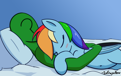 Size: 2000x1265 | Tagged: safe, artist:infrayellow, rainbow dash, oc, oc:anon, pegasus, pony, g4, bed, belly button, blushing, cuddling, cute, eyes closed, female, lying down, mare