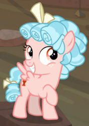Size: 350x493 | Tagged: safe, screencap, cozy glow, pegasus, pony, frenemies (episode), g4, bow, cozybetes, cropped, cute, female, filly, foal, freckles, grin, smiling, solo