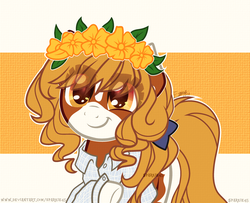 Size: 2864x2329 | Tagged: safe, artist:elskabases, artist:sparkie45, oc, oc only, oc:sunny, earth pony, pony, base used, clothes, female, floral head wreath, flower, high res, mare, shirt, solo