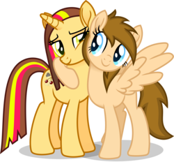 Size: 5850x5432 | Tagged: safe, artist:itspeahead, oc, oc only, oc:cherry lights, oc:stellar winds, pegasus, pony, unicorn, g4, absurd resolution, blue eyes, female, hug, mare, simple background, smiling, transparent background, vector