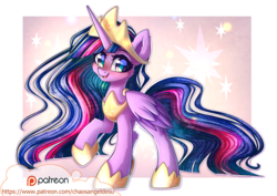 Size: 1000x707 | Tagged: safe, artist:chaosangeldesu, twilight sparkle, alicorn, pony, g4, the last problem, big crown thingy 2.0, blushing, crown, cute, end of ponies, female, jewelry, looking at you, mare, older, older twilight, older twilight sparkle (alicorn), patreon, patreon logo, princess twilight 2.0, raised hoof, regalia, smiling, solo, twiabetes, twilight sparkle (alicorn)