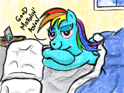 Size: 1229x922 | Tagged: safe, anonymous artist, rainbow dash, pegasus, pony, g4, bed, dialogue, female, good morning, looking at you, lying down, mare, morning ponies, pillow, solo, talking to viewer