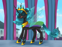 Size: 3000x2250 | Tagged: safe, artist:moskowizki, queen chrysalis, changeling, changeling queen, g4, crown, female, high res, jewelry, regalia, solo, tongue out