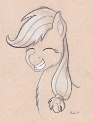Size: 3281x4336 | Tagged: safe, artist:peruserofpieces, applejack, earth pony, pony, g4, bust, colored pencil drawing, eyes closed, female, mare, smiling, toned paper, traditional art