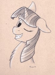 Size: 3074x4198 | Tagged: safe, artist:peruserofpieces, twilight sparkle, pony, unicorn, g4, bust, colored pencil drawing, female, floppy ears, looking at you, mare, one eye closed, smiling, toned paper, traditional art, wink