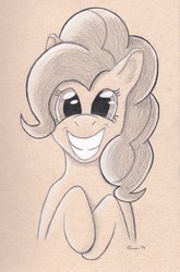 Size: 3281x4975 | Tagged: safe, artist:peruserofpieces, pinkie pie, earth pony, pony, g4, bust, colored pencil drawing, crossed hooves, female, looking at you, mare, smiling, toned paper, traditional art