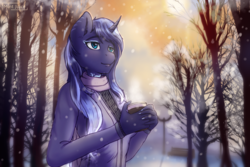 Size: 3000x2000 | Tagged: safe, artist:mintjuice, oc, oc only, oc:mystic shadow, unicorn, anthro, anthro oc, bench, chocolate, clothes, coffee mug, female, food, high res, horn, hot chocolate, mare, mug, park, scarf, smiling, snow, snowfall, solo, sweater, tree, unicorn oc, winter, ych result